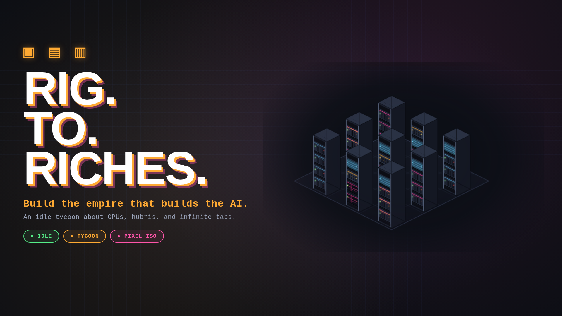 Rig to Riches — isometric datacenter with racks of GPUs