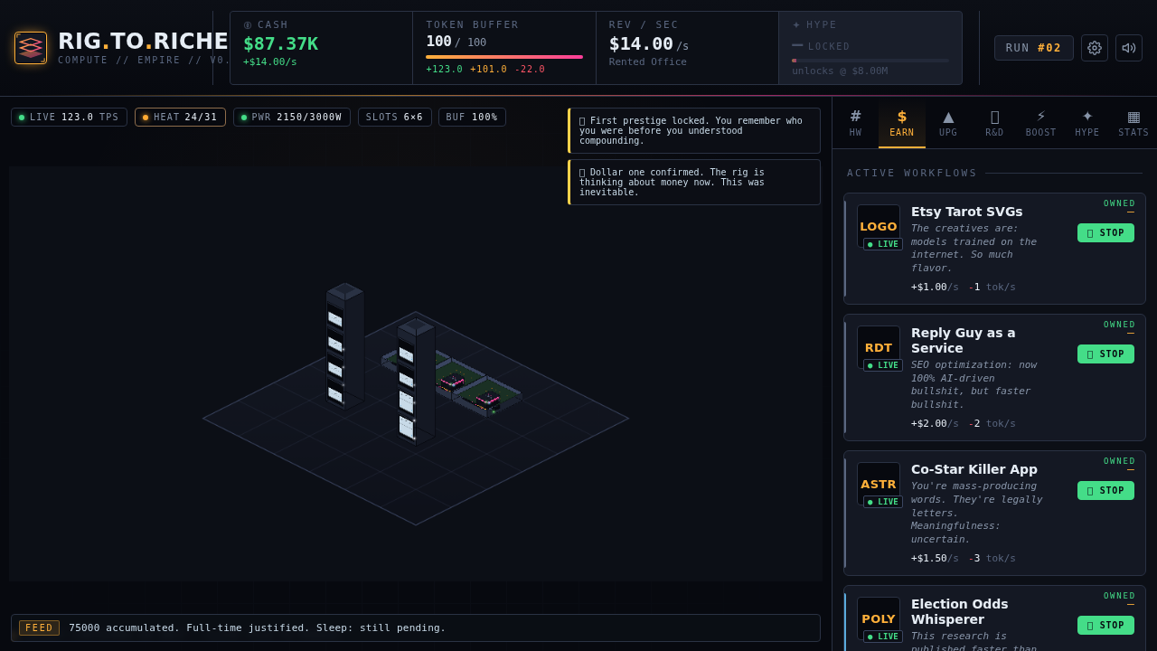 Mid game — mixed rack layouts and synergy chains