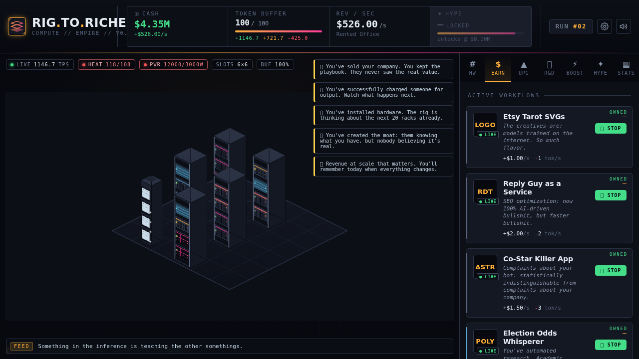 Late game — fully built datacenter, events firing